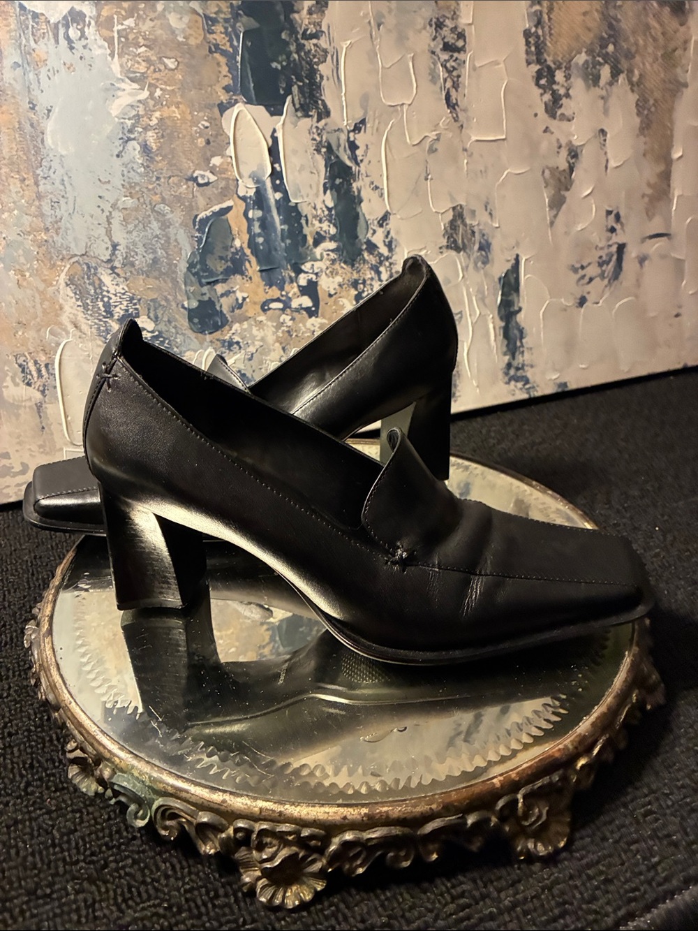 GUC !!  Vintage Brazil Black  Leather Block Heel Pumps - Women's made in Brazil